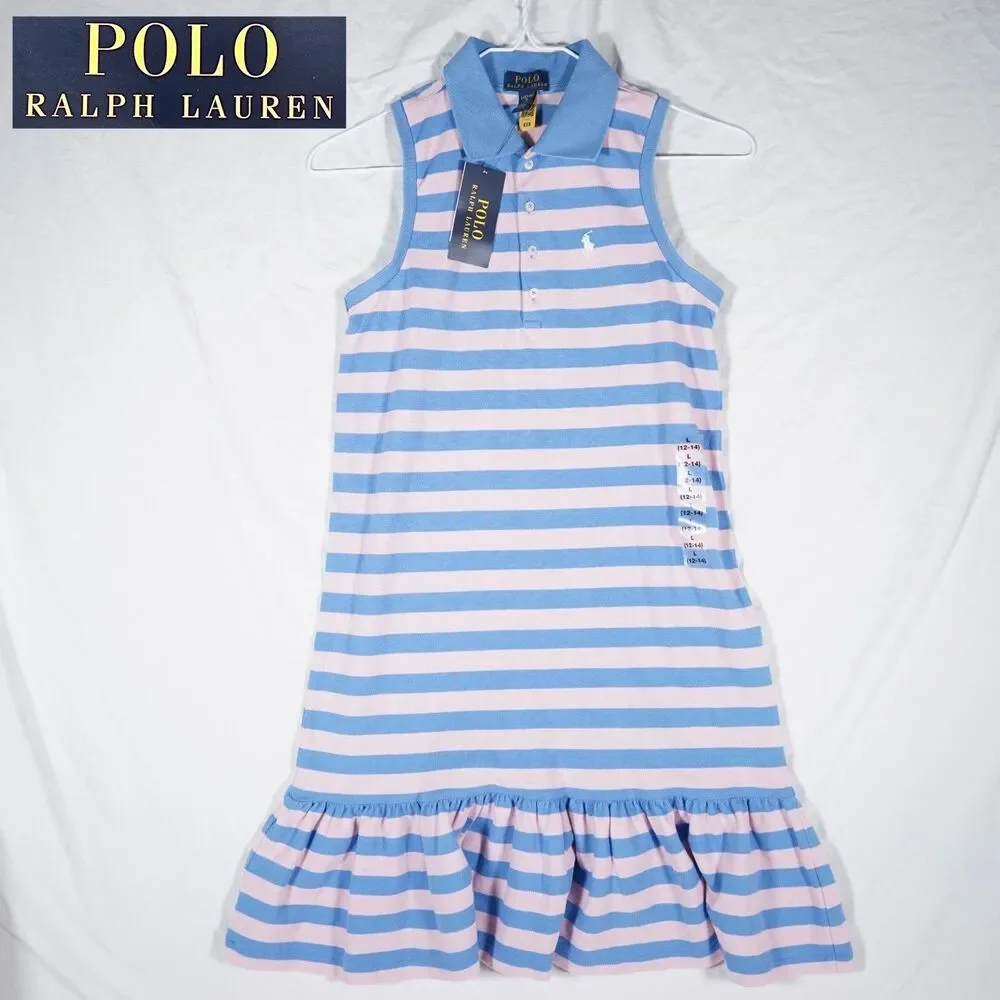 NWT Polo Ralph Lauren Girls Sleeveless Striped Dress Blue Pink Ruffle Large